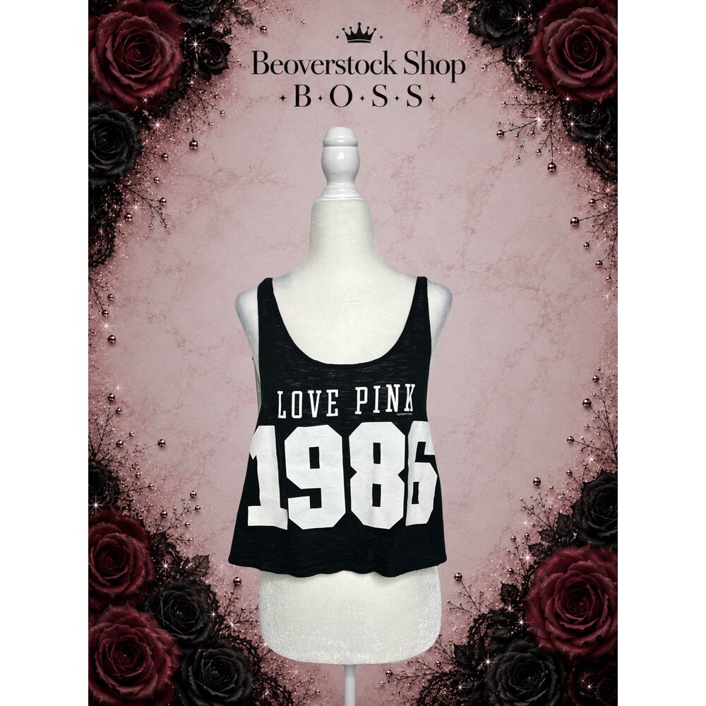 Preowned Victoria’s Secret PINK Love Pink 1986 Black Graphic Tank Top – Size Sma